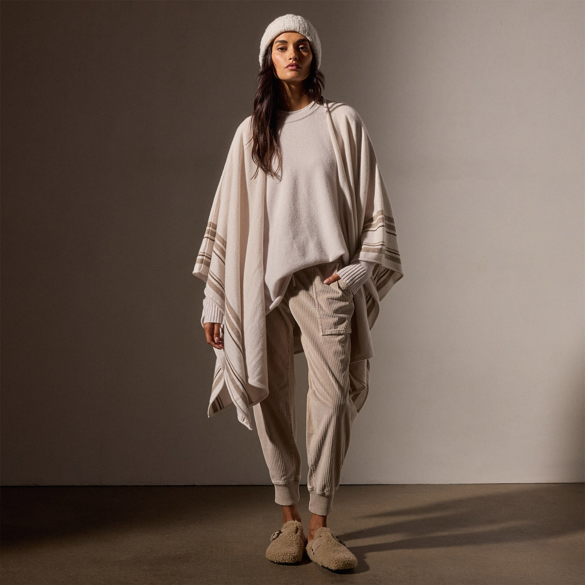 Recycled Cashmere Striped Poncho in Pearl | James Perse Los Angeles / Womens
