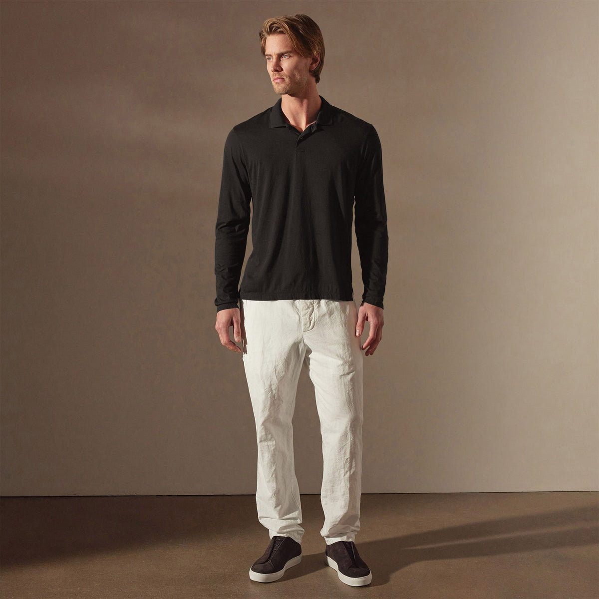 Luxe Lotus Jersey Long Sleeve Polo in Black | James Perse Los Angeles
