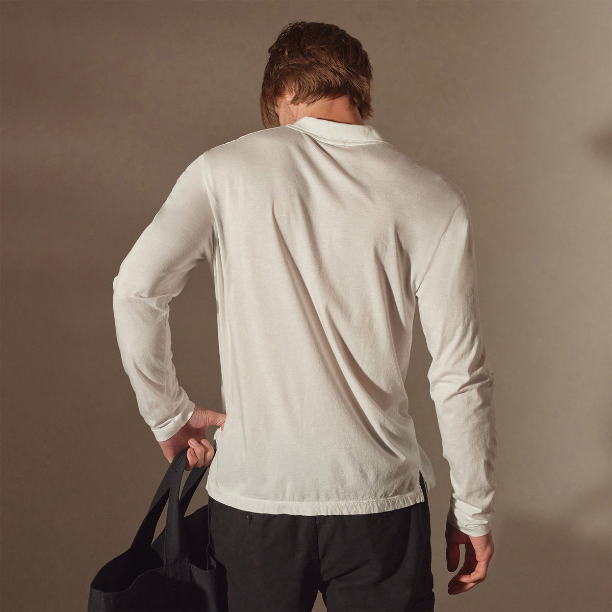 Luxe Lotus Jersey Long Sleeve Polo in White | James Perese Los Angeles