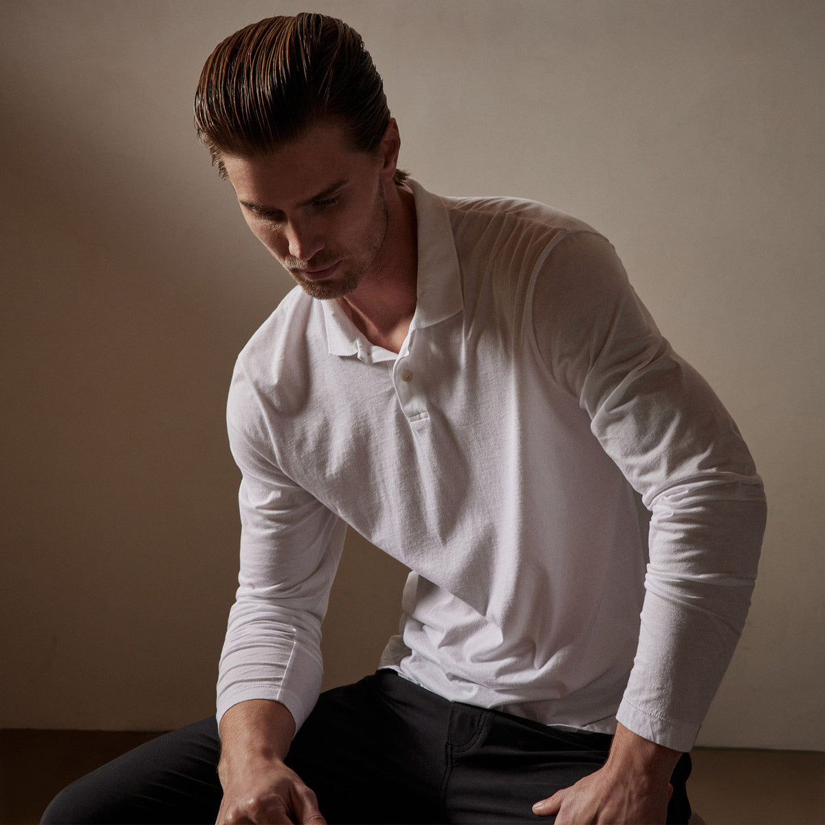 Luxe Lotus Jersey Long Sleeve Polo in White | James Perese Los Angeles