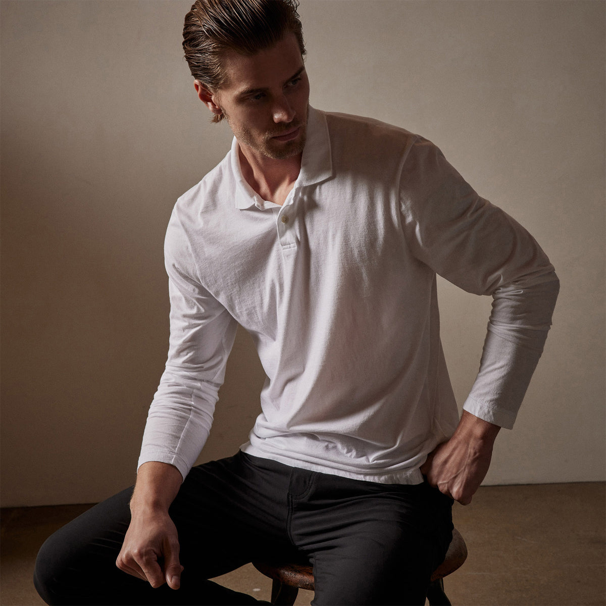 Luxe Lotus Jersey Long Sleeve Polo in White | James Perese Los Angeles