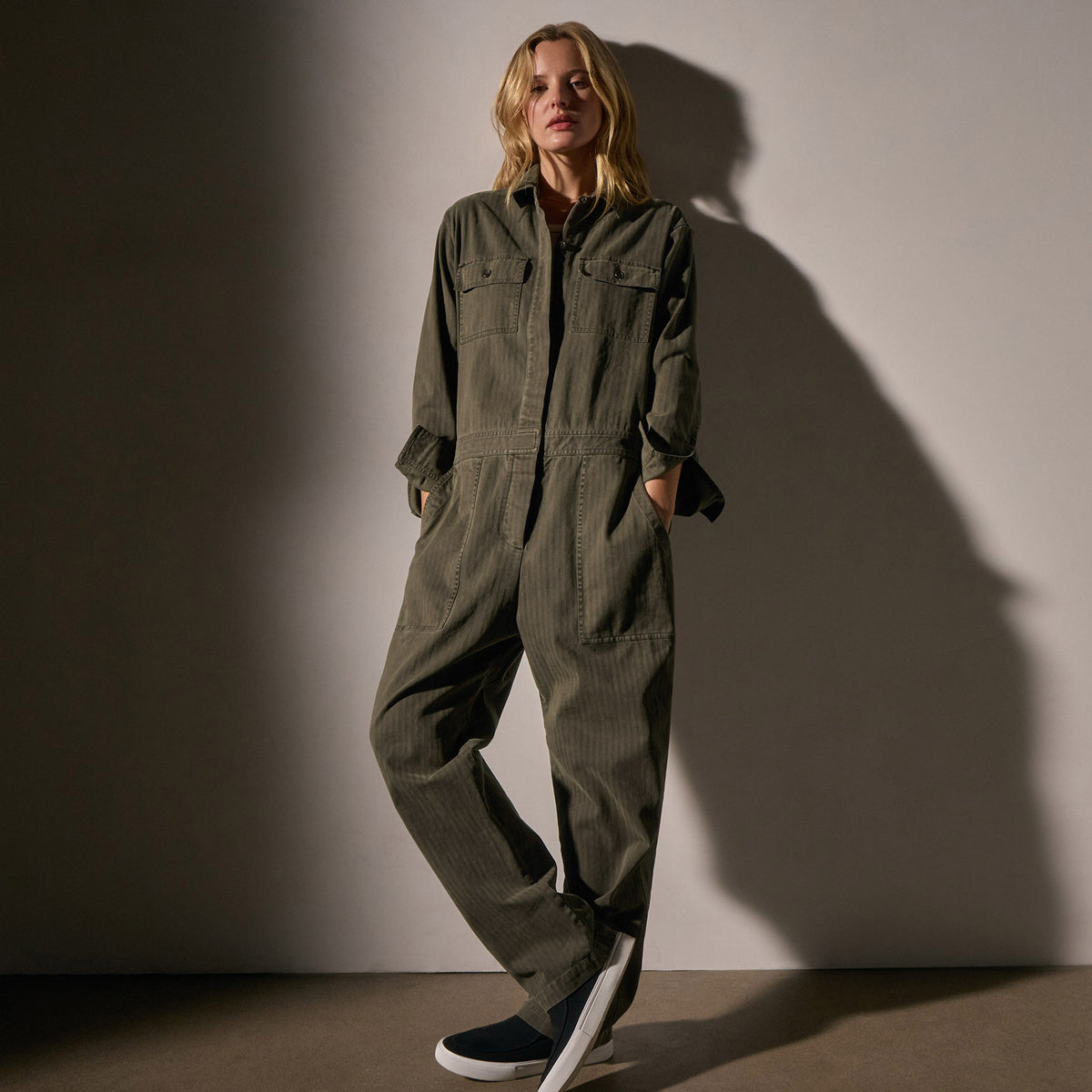 Stretch Herringbone Jumpsuit in Army Green Pigment | James Perse Los Angeles