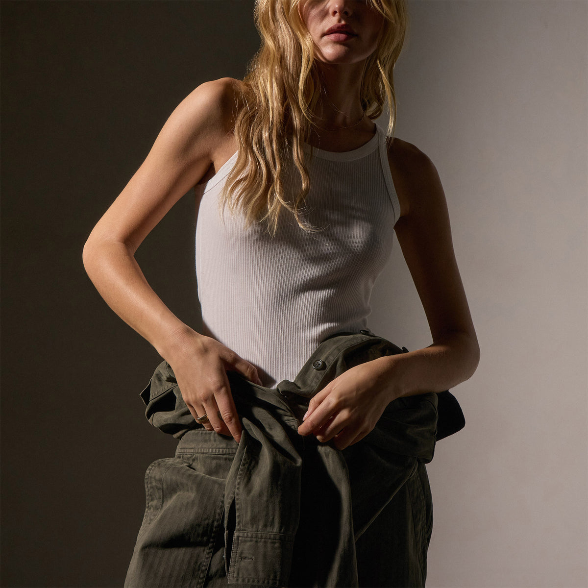 Stretch Herringbone Jumpsuit in Army Green Pigment | James Perse Los Angeles