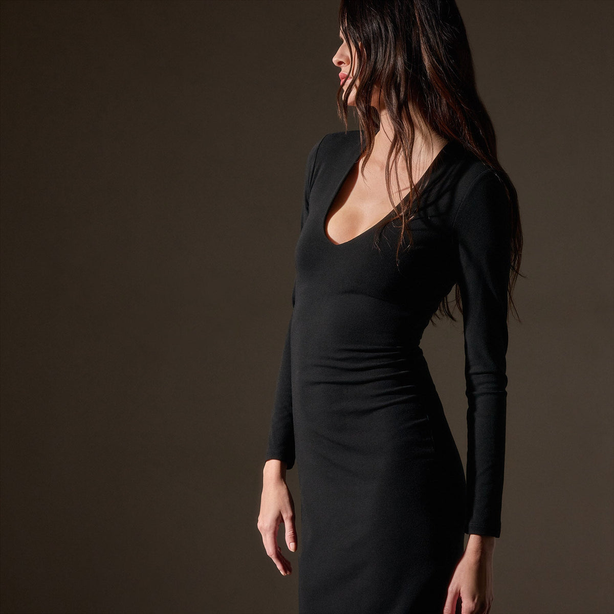 Stretch Lotus Deep V Dress in Black | James Perse Los Angeles