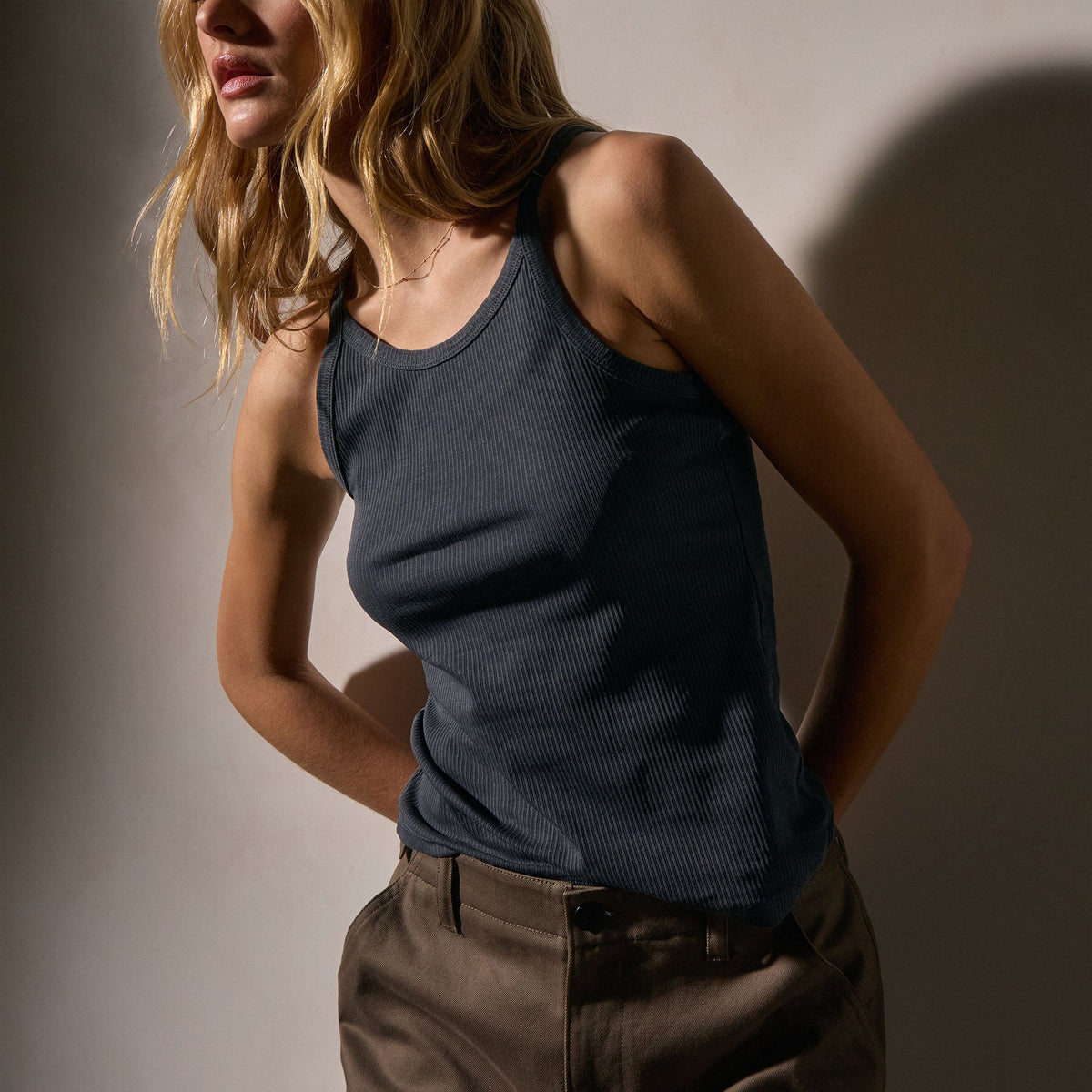 Ribbed High Neck Cami in Blue Noir Pigment | James Perse Los Angeles