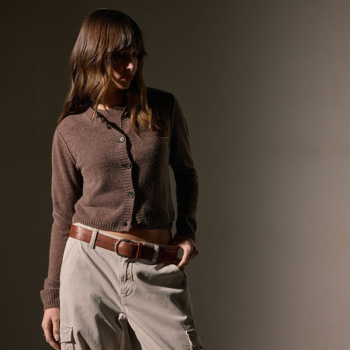 Cashmere Jewel Neck Cardigan in Brown Stone | James Perse Los Angeles