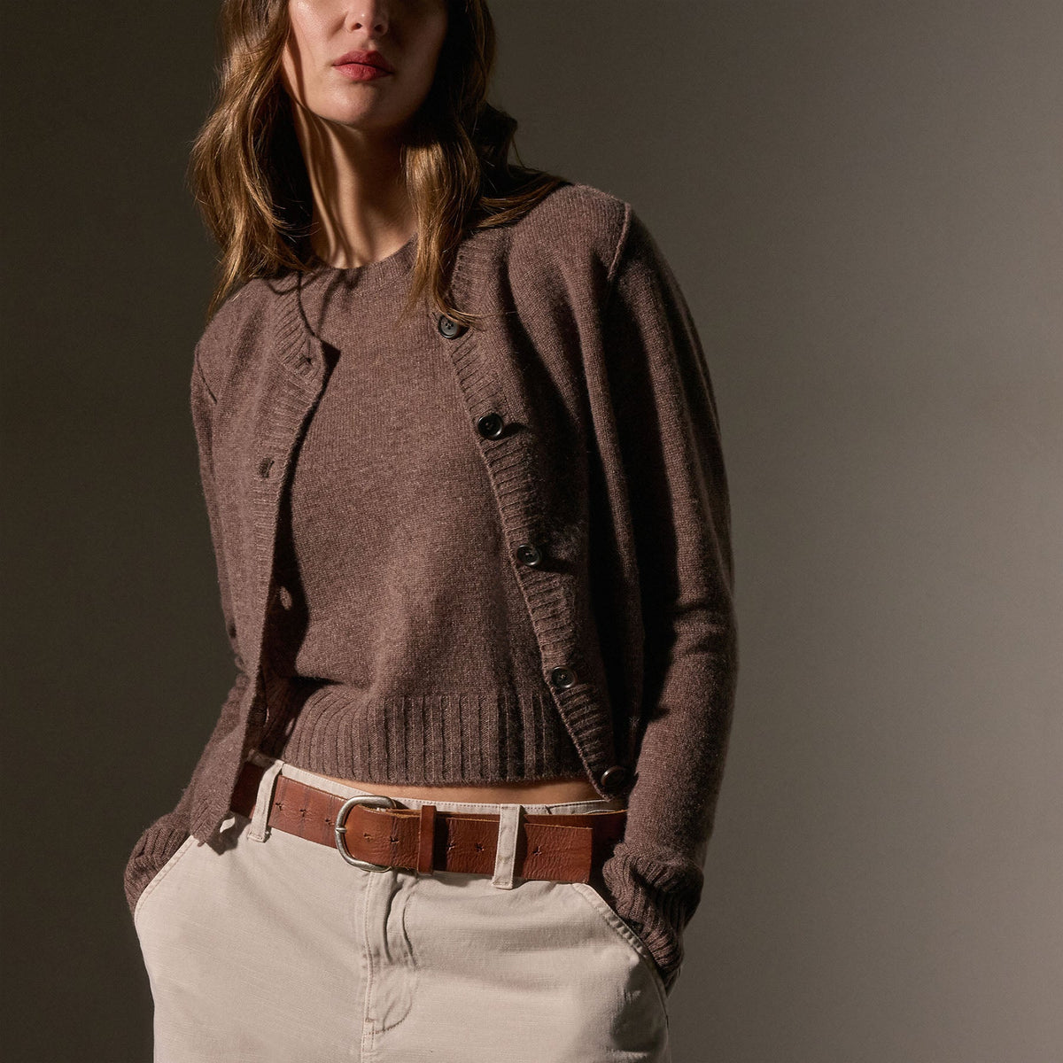 Cashmere Jewel Neck Cardigan in Brown Stone | James Perse Los Angeles