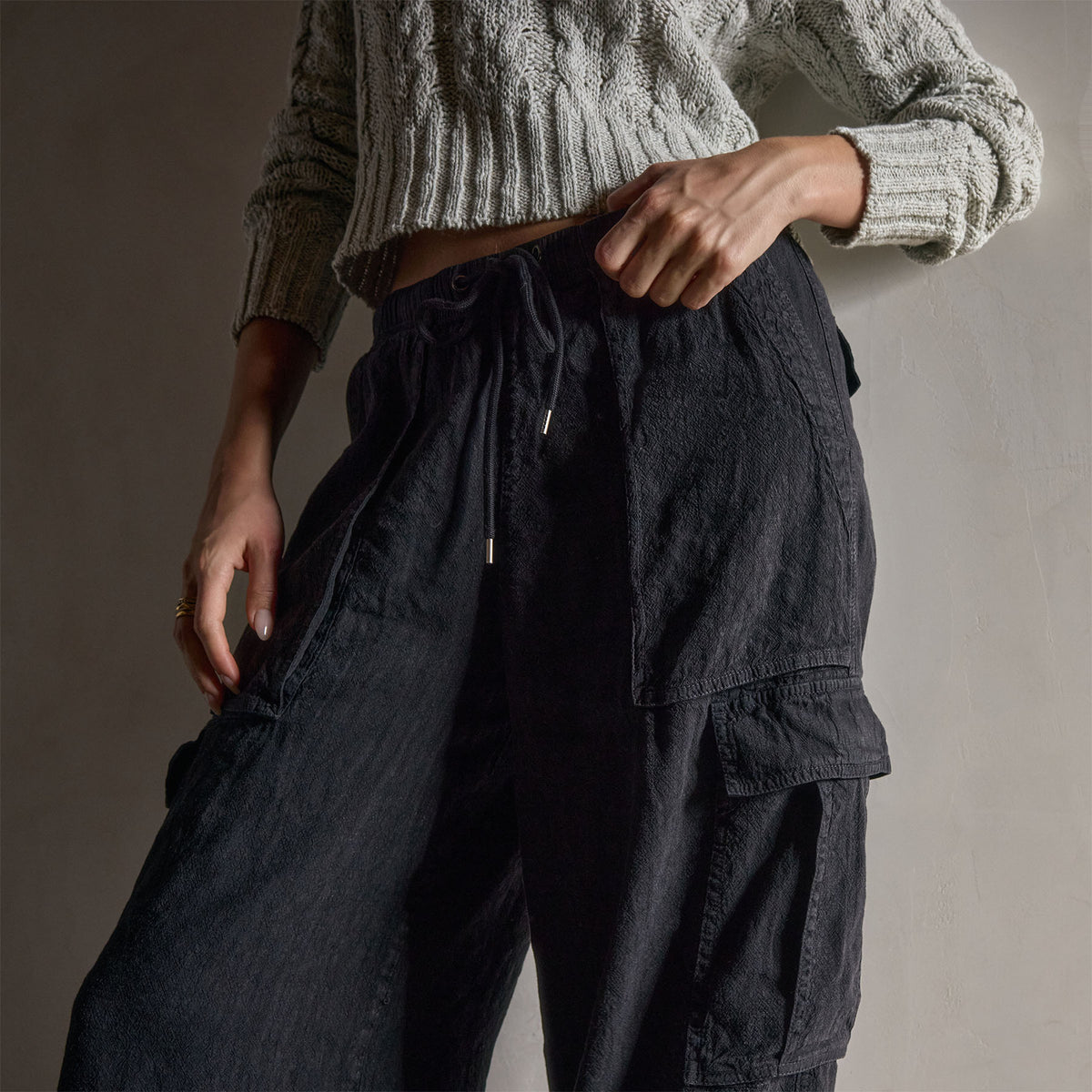 Wide Leg Linen Blend Cargo Pant - Black