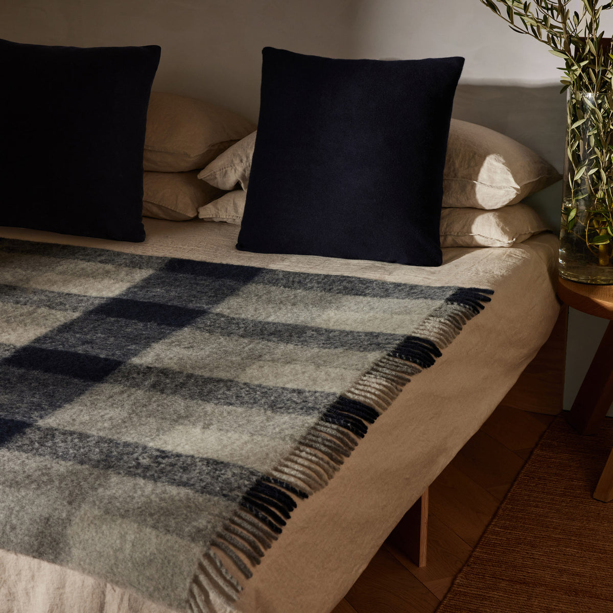 Plaid Alpaca Wool Throw Gift Box in Navy | James Perse Los Angeles