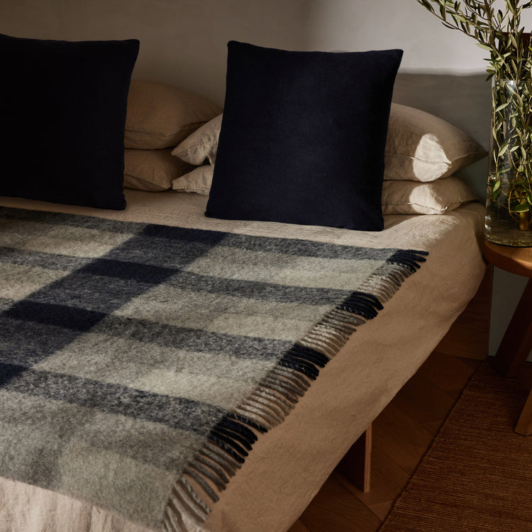 Plaid Alpaca Wool Throw Gift Box in Navy | James Perse Los Angeles
