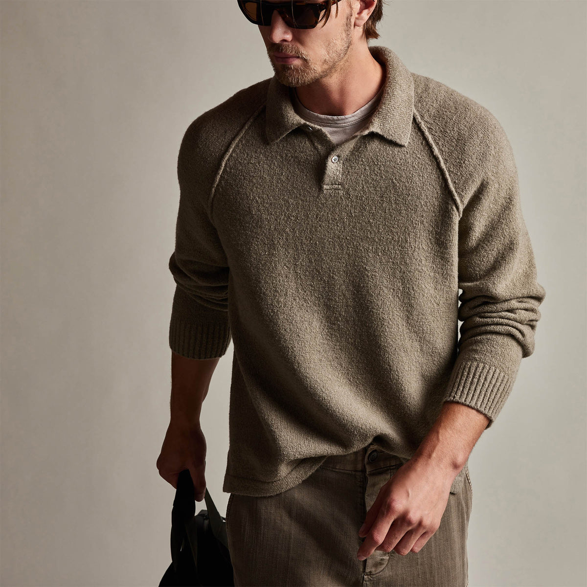 Cashmere Raglan Sweater Polo in Khaki | James Perse Los Angeles