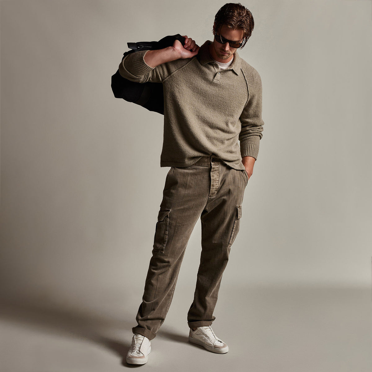Cashmere Raglan Sweater Polo in Khaki | James Perse Los Angeles