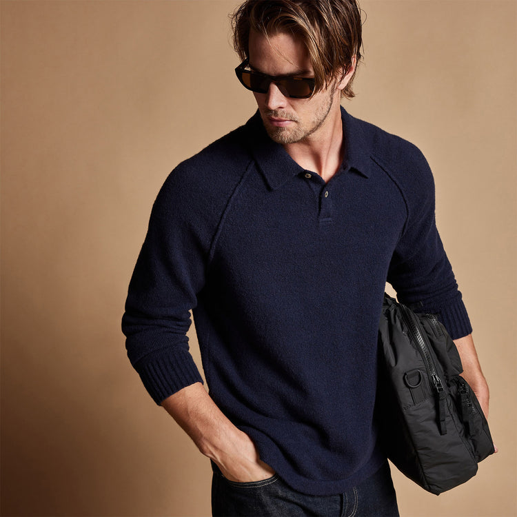 Cashmere Raglan Sweater Polo in Navy | James Perse Los Angeles