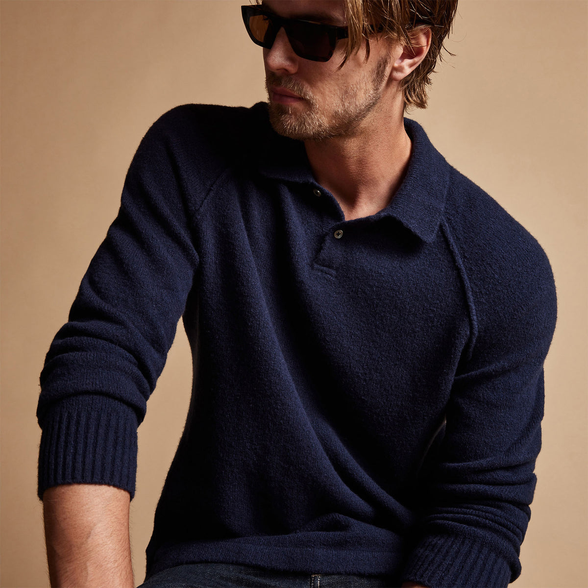 Cashmere Raglan Sweater Polo in Navy | James Perse Los Angeles