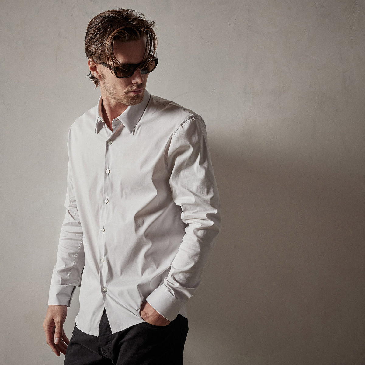 Matte Stretch Poplin Dress Shirt in Silver | James Perse Los Angeles