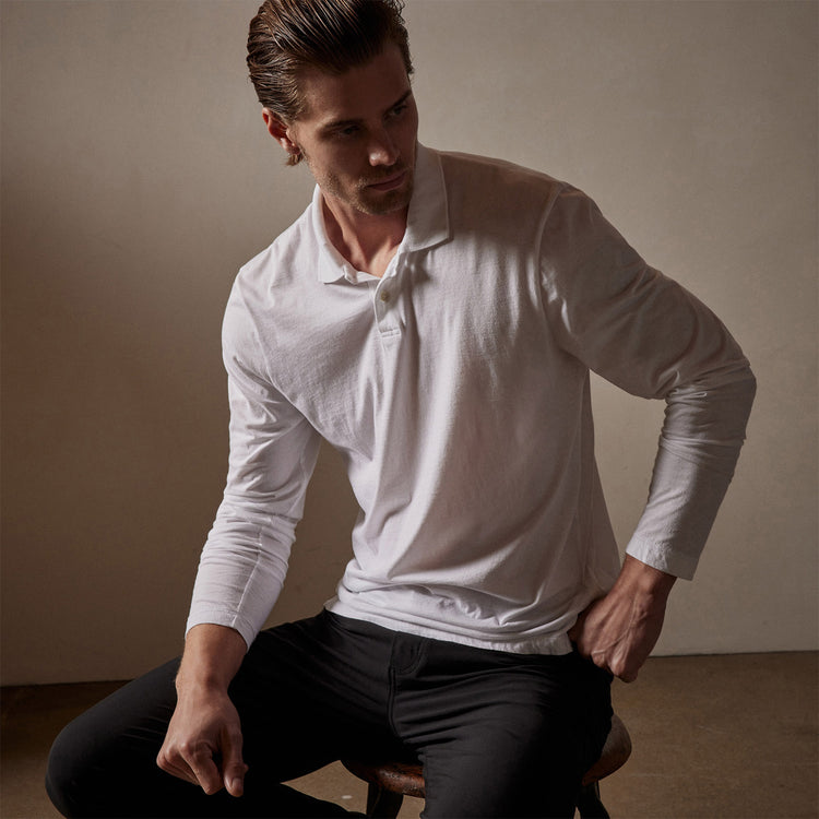 Luxe Lotus Jersey Long Sleeve Polo in White | James Perese Los Angeles