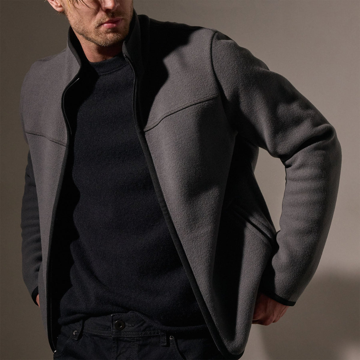 Wool Jersey Zip Front Funnel Neck in Mid Grey/Black | James Perse Los Angeles