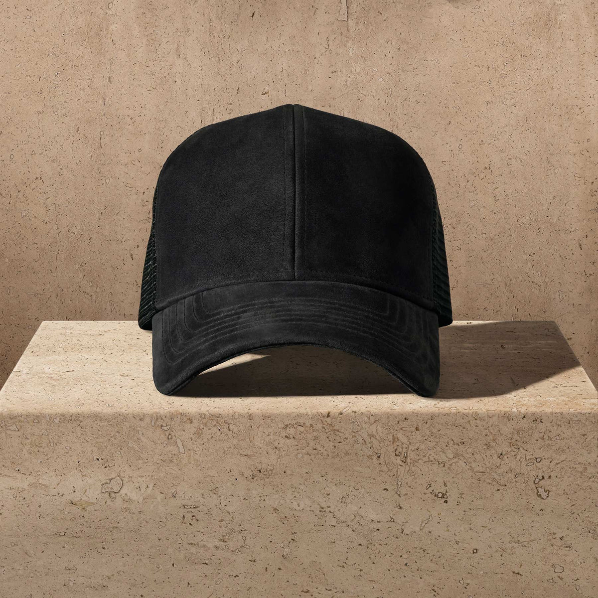 Men's Suede 6/Panel Trucker Hat in Black | James Perse Los Angeles