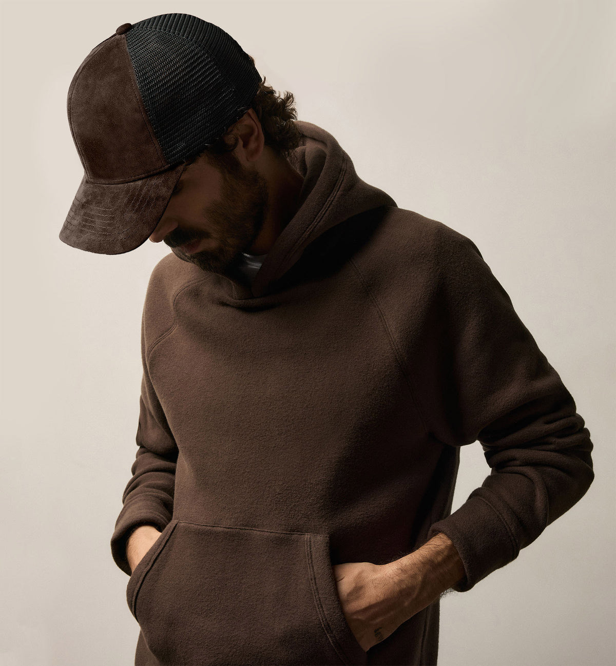 Suede 6 Panel Trucker Hat in Cafe | James Perse Los Angeles / Mens