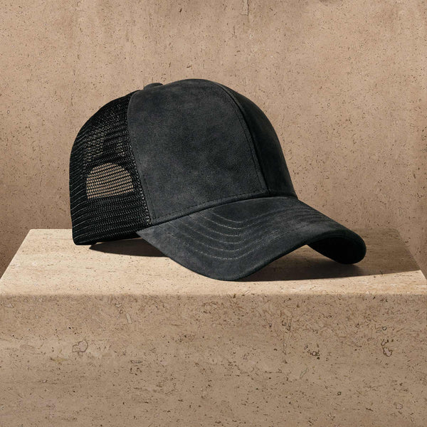 Men's Suede 6/Panel Trucker Hat in Smokey Grey | James Perse Los Angeles