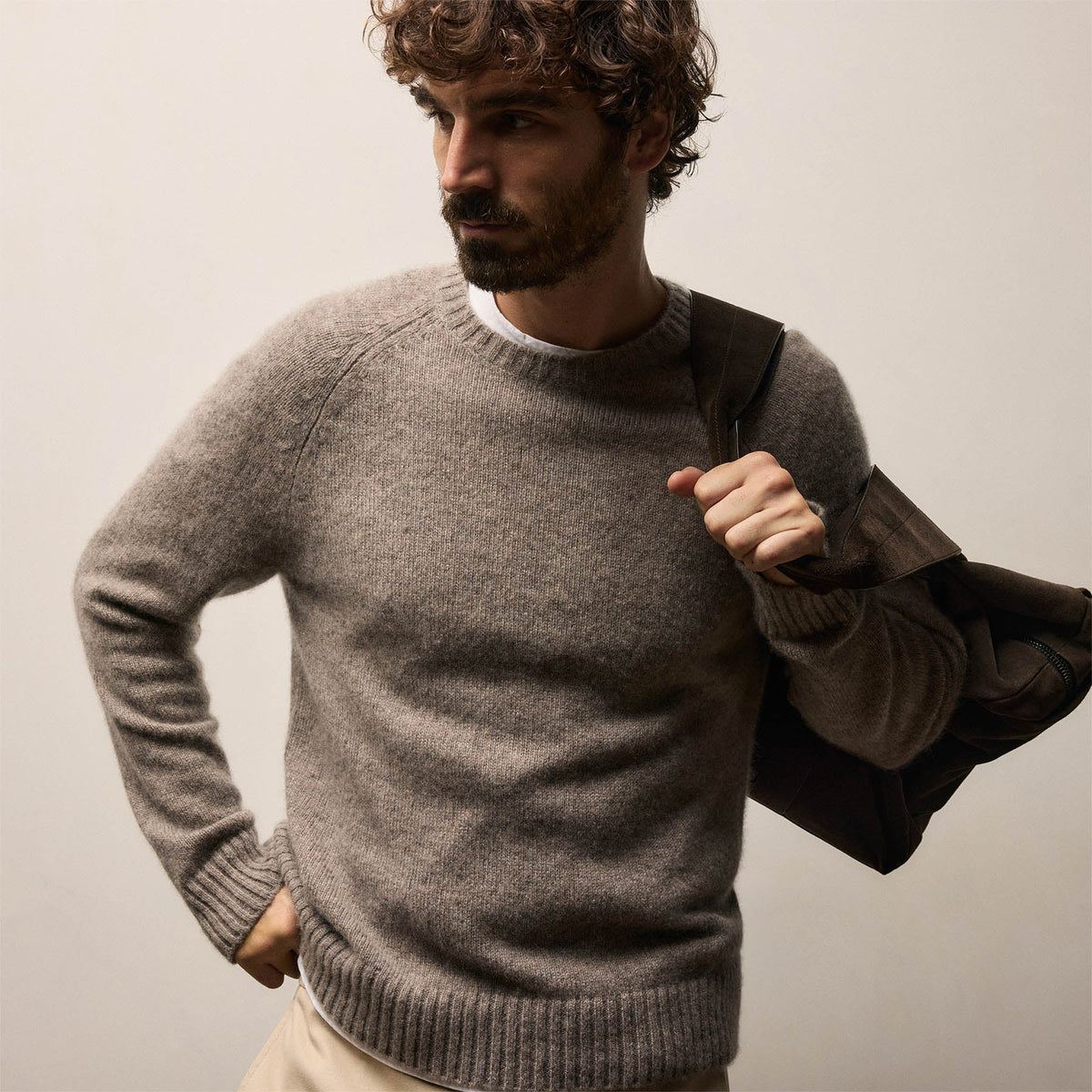 Lightweight Textured Cashmere Crew in Beige Melange | James Perse Los Angeles