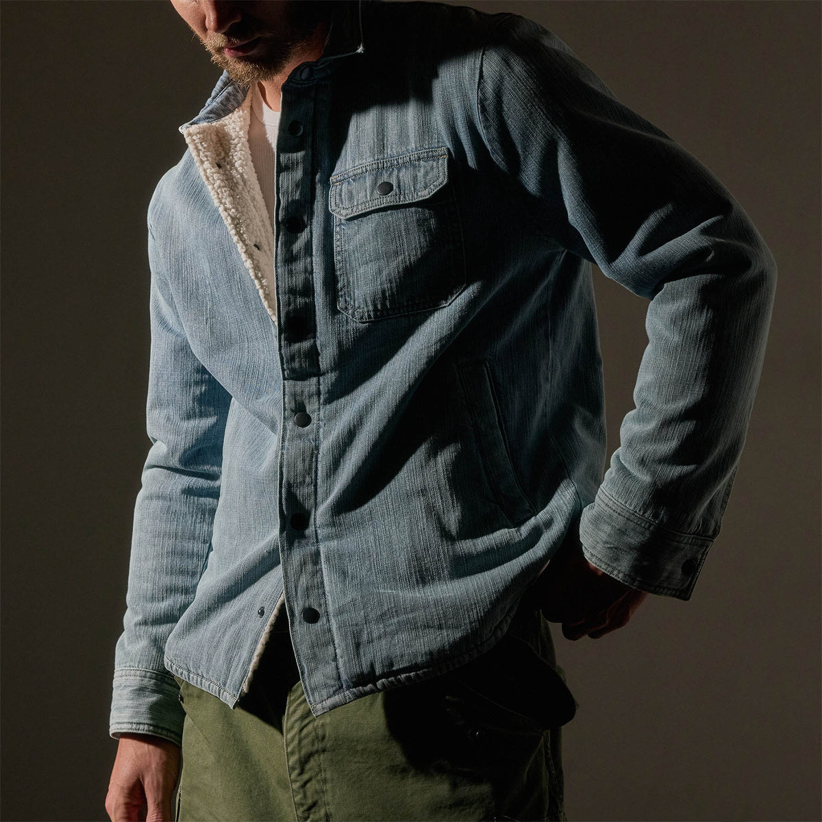 Fleece Line Denim Shirt Jacket  in Bleach Wash | James Perse Los Angeles