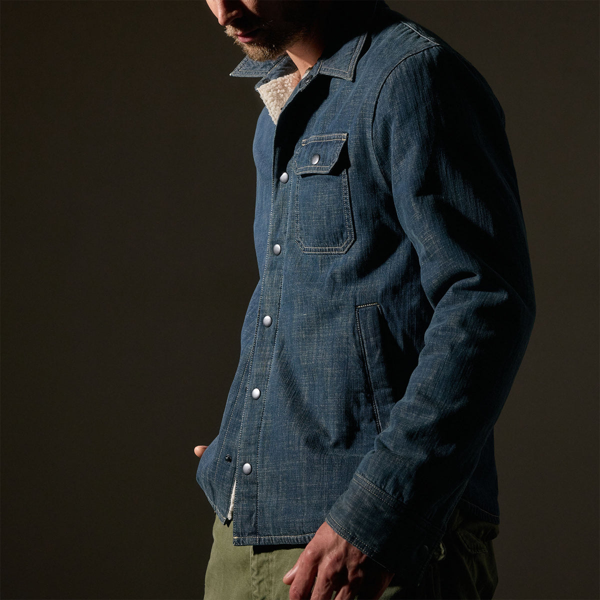 Fleece Line Denim Shirt Jacket  in Medium Wash | James Perse Los Angeles