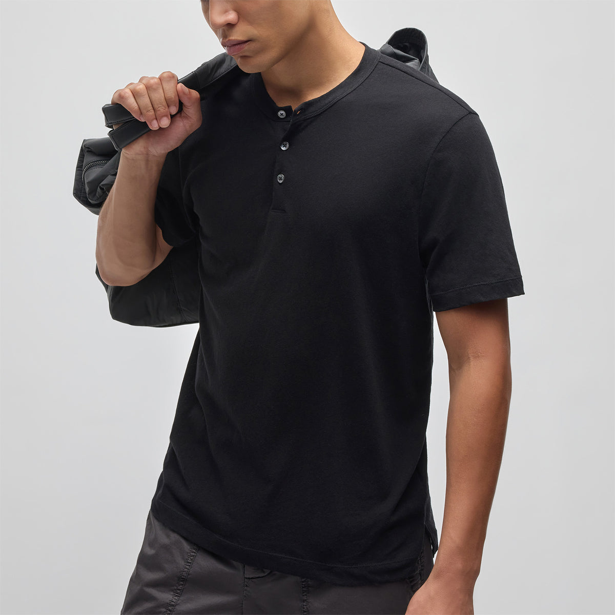 Recycled Cotton Jersey Short Sleeve Henley in Black | James Perse Los Angeles
