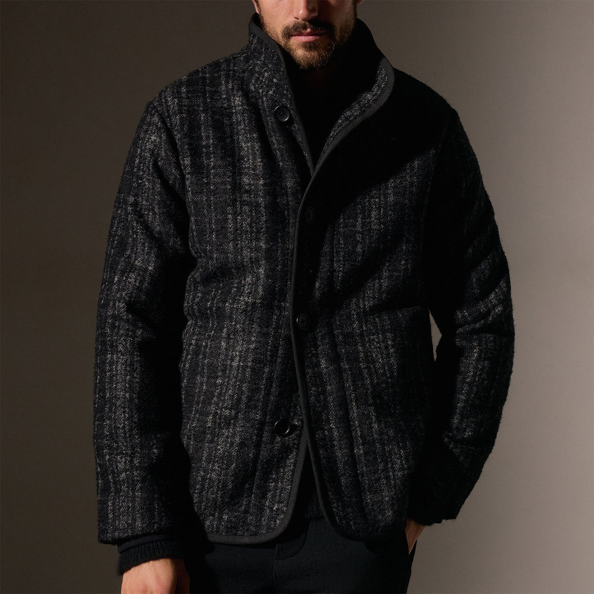 Wool Blend Plaid Car Coat in Black/Grey Plaid | James Perse Los Angeles