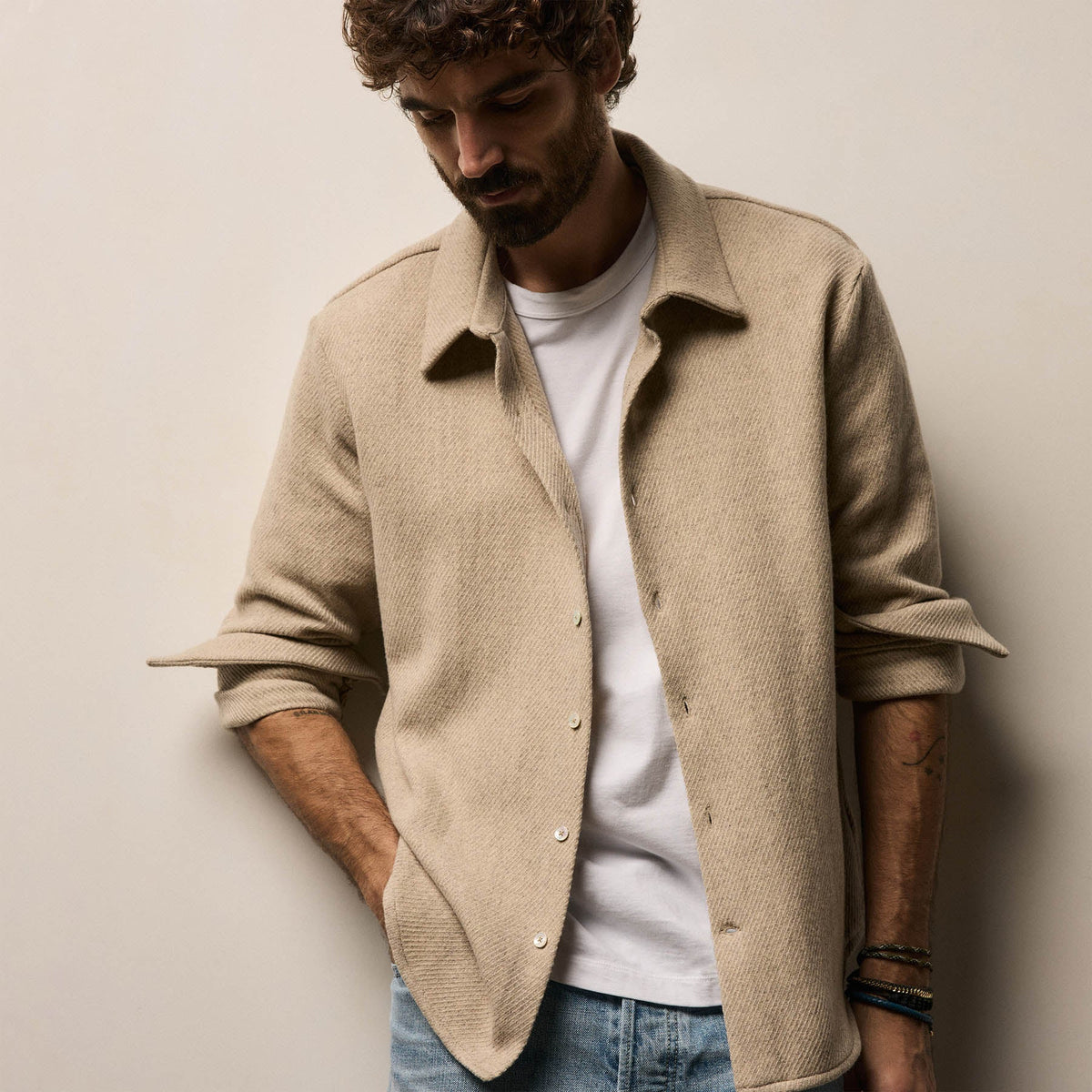 Wool Cashmere Twill Shirt in Flax | James Perse Los Angeles