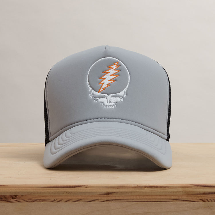 Grateful Dead Skull Embroidery Trucker in Pale Grey | James Perse Los Angeles