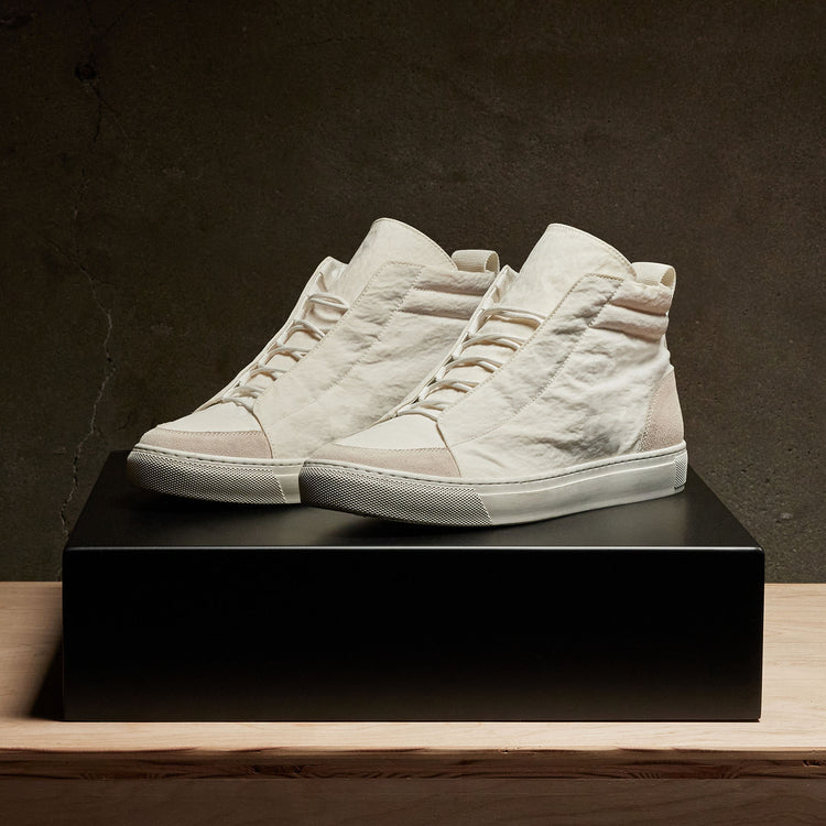 Men's Solstice Skate High Top Sneaker in White/Taupe | James Perese Los Angeles