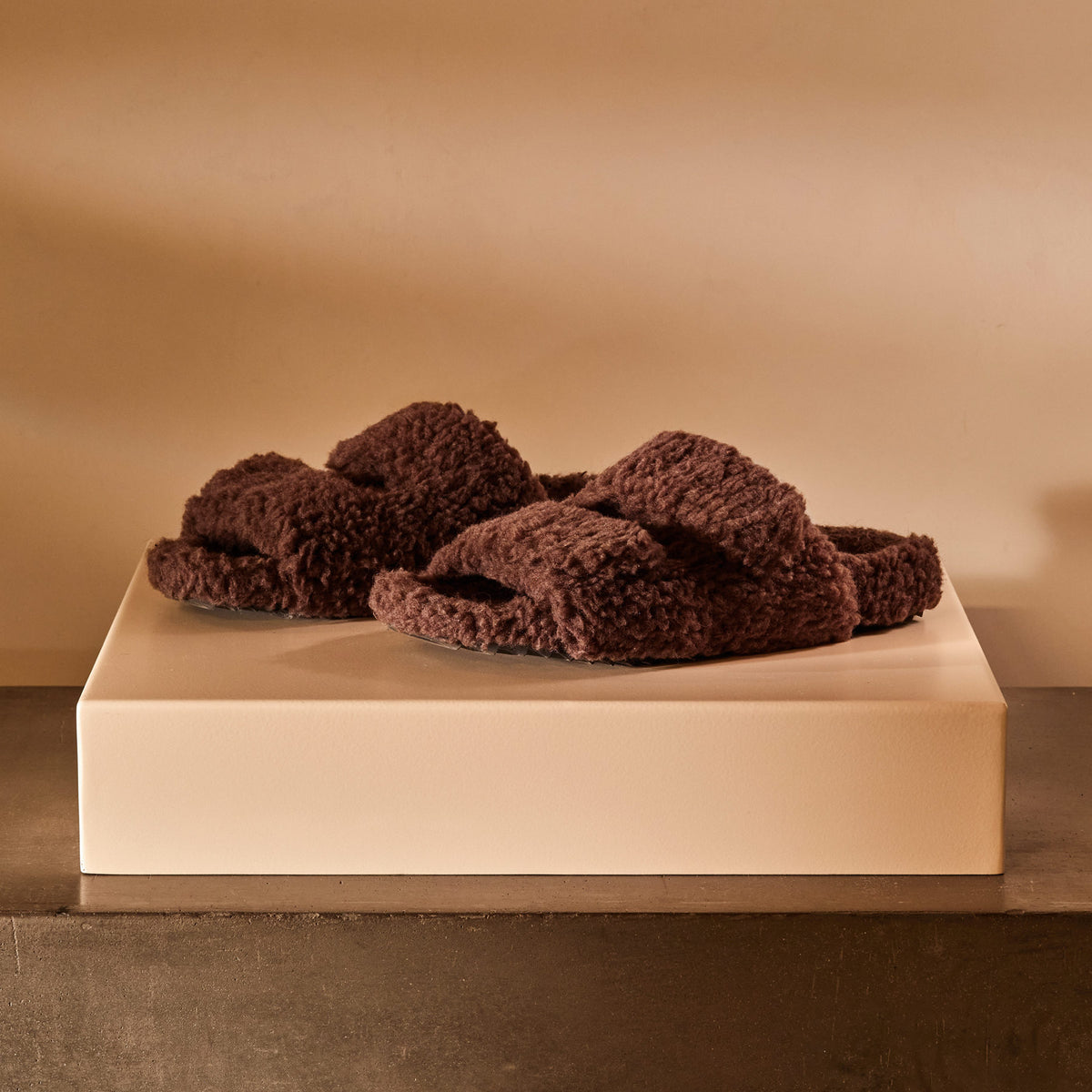 Women's Double Strap Shearling Slide in Chocolate | James Perese Los Angeles