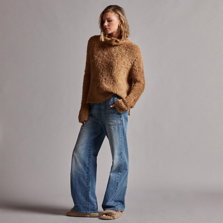 Wool Blend Sherpa Turtleneck Sweater in Caramel | James Perse Los Angeles