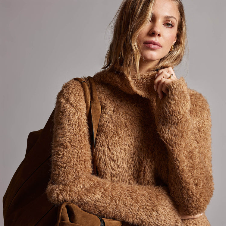 Wool Blend Sherpa Turtleneck Sweater in Caramel | James Perse Los Angeles