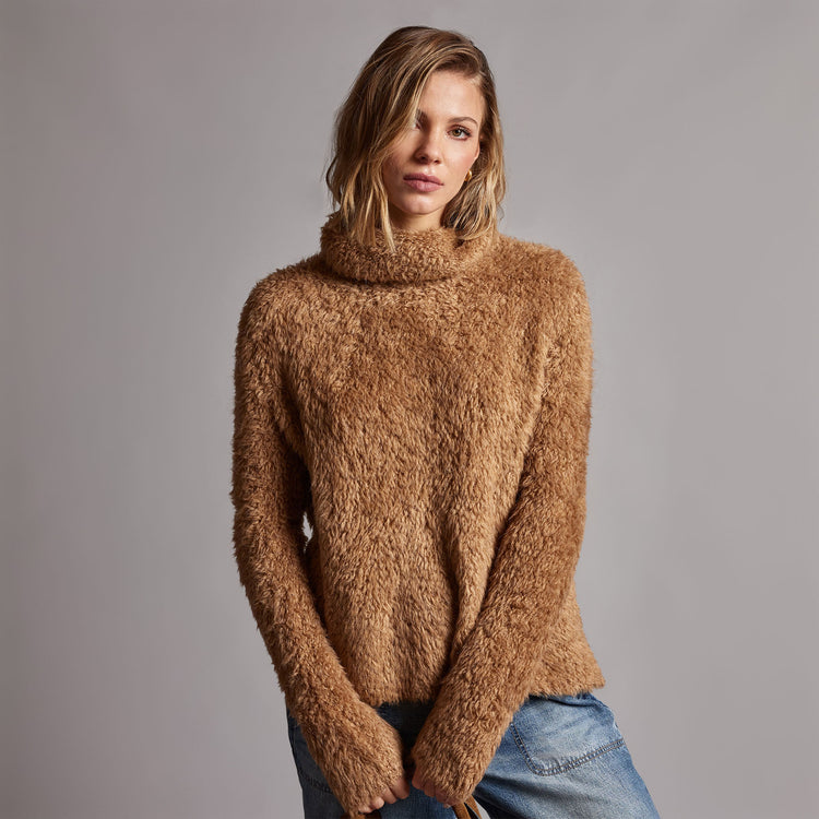 Wool Blend Sherpa Turtleneck Sweater in Caramel | James Perse Los Angeles