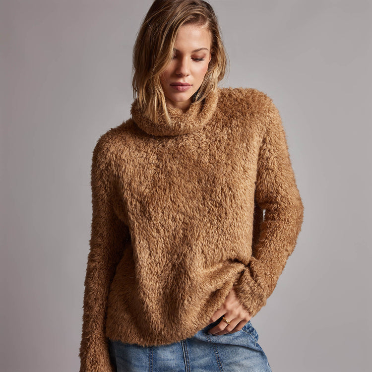 Wool Blend Sherpa Turtleneck Sweater in Caramel | James Perse Los Angeles