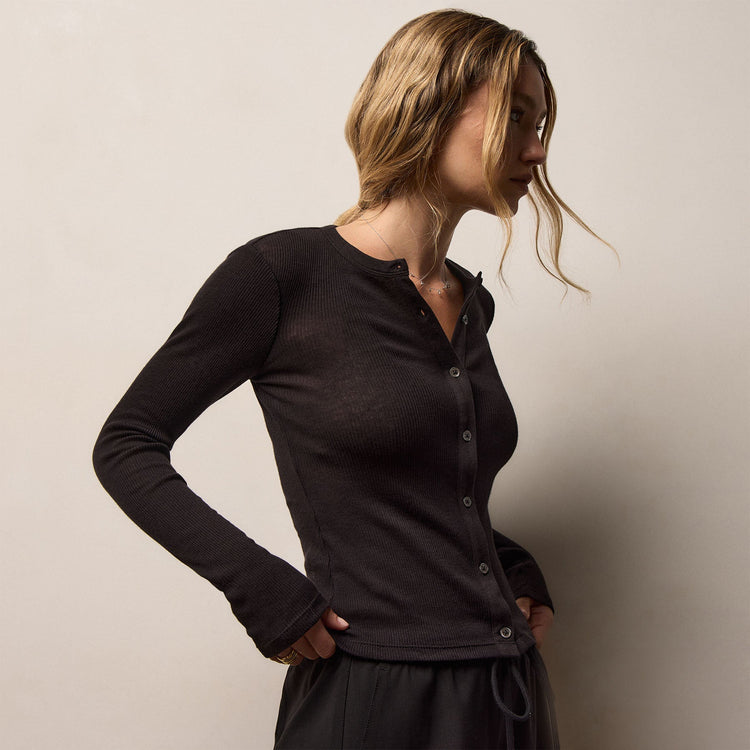Cotton Gauze Rib Button Front in Black | James Perse Los Angeles