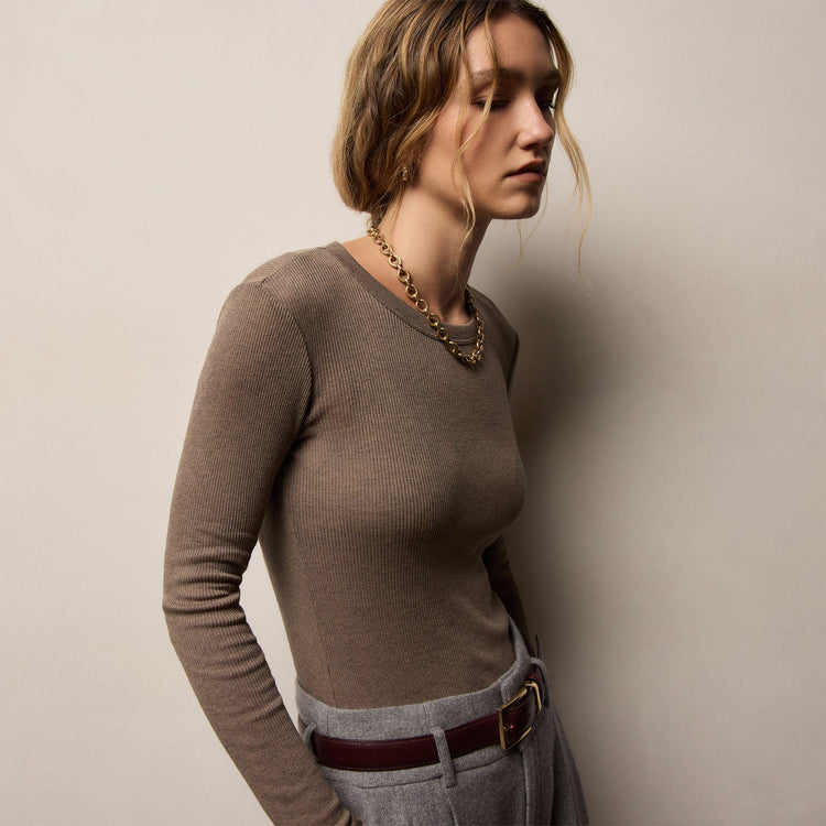 Cotton Gauze Ribbed Long Sleeve Crew in Caribou | James Perse Los Angeles