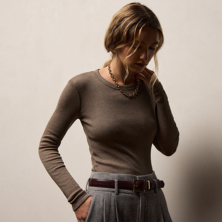 Cotton Gauze Ribbed Long Sleeve Crew in Caribou | James Perse Los Angeles