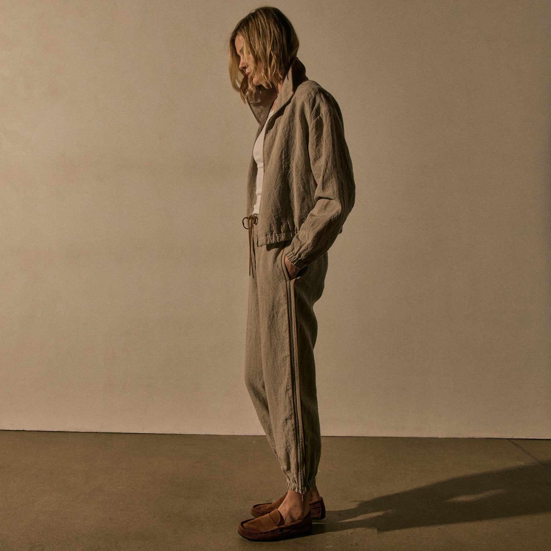 Linen Track Jacket With Suede in Natural/Tabacco | James Perse Los Angeles