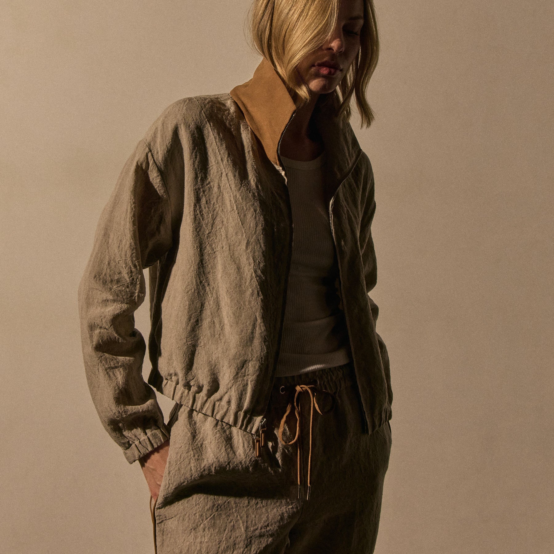 Linen Track Jacket With Suede in Natural/Tabacco | James Perse Los Angeles