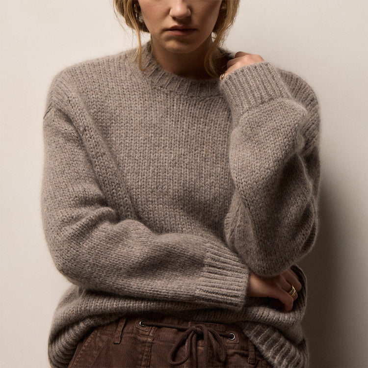 Lightweight Open Stitch Cashmere Crew in Beige Melange | James Perse Los Angeles