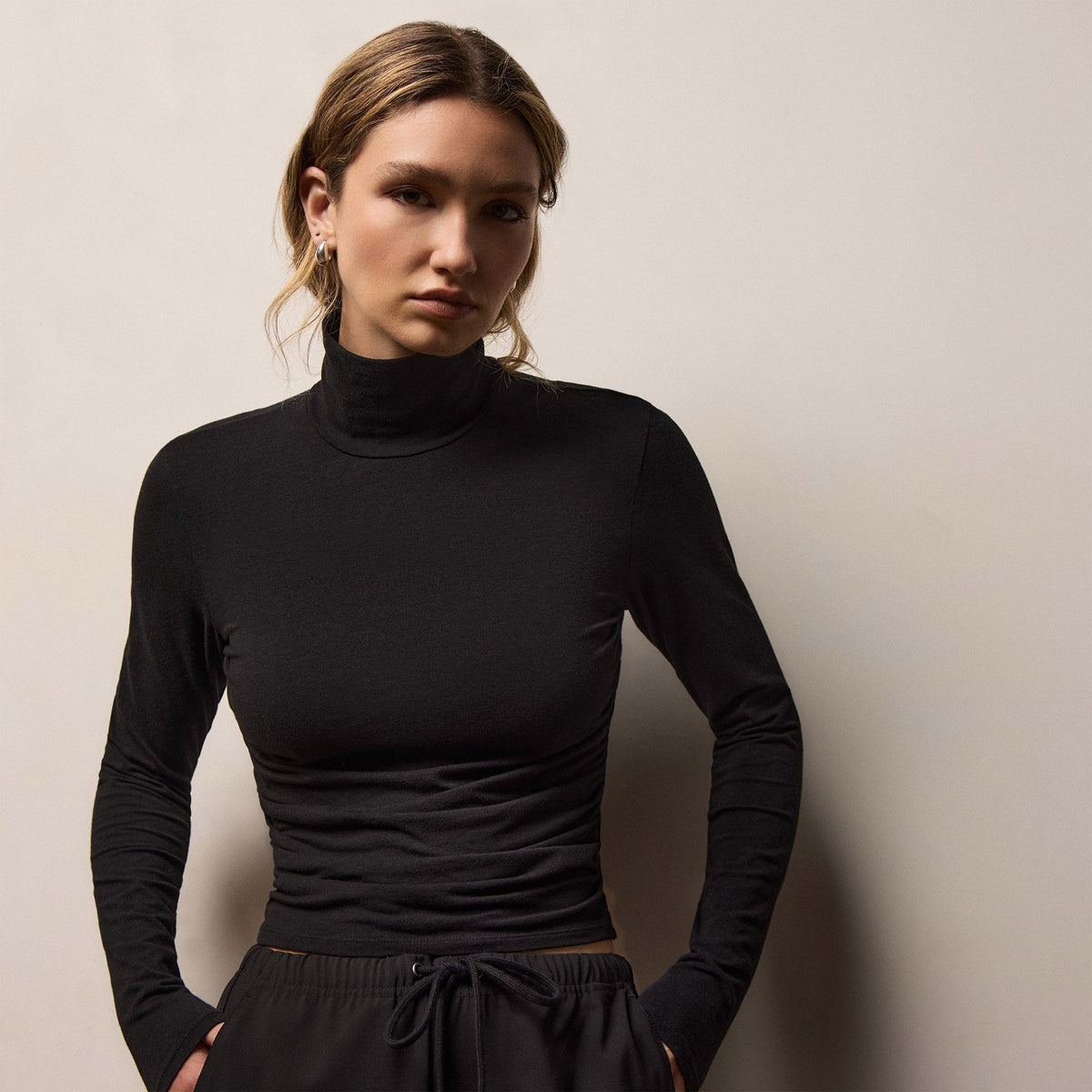 Strech Melange Jersey Turtleneck in Black | James Perse Los Angeles