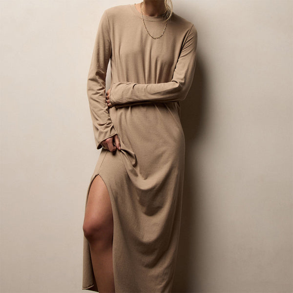 Cotton Blend Jersey Long Sleeve Dress in Coffee | James Perse Los Angeles