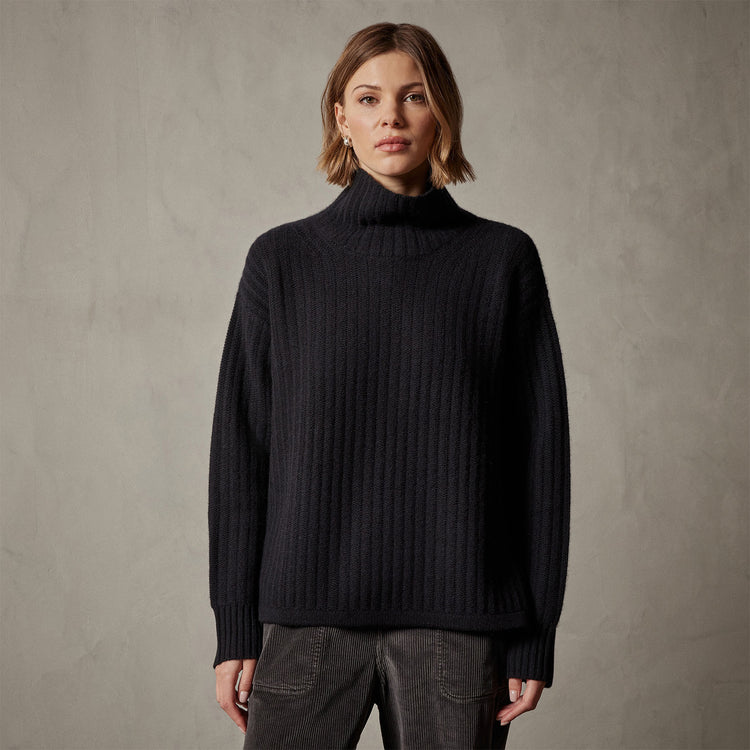 Ribbed Cashmere Funnel Neck in Black | James Perse Los Angeles