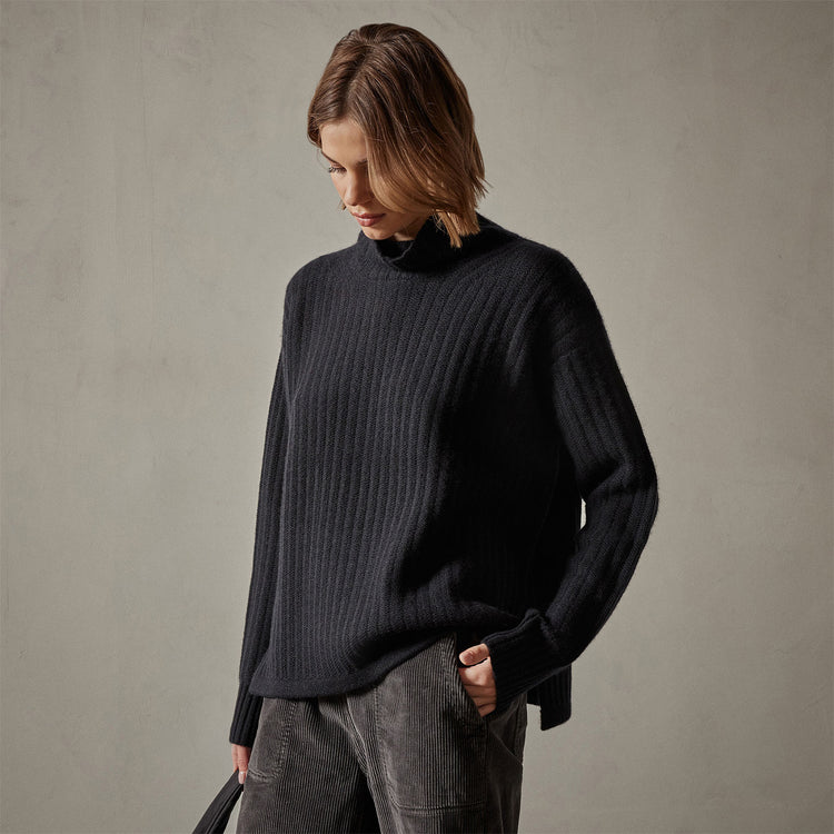 Ribbed Cashmere Funnel Neck in Black | James Perse Los Angeles