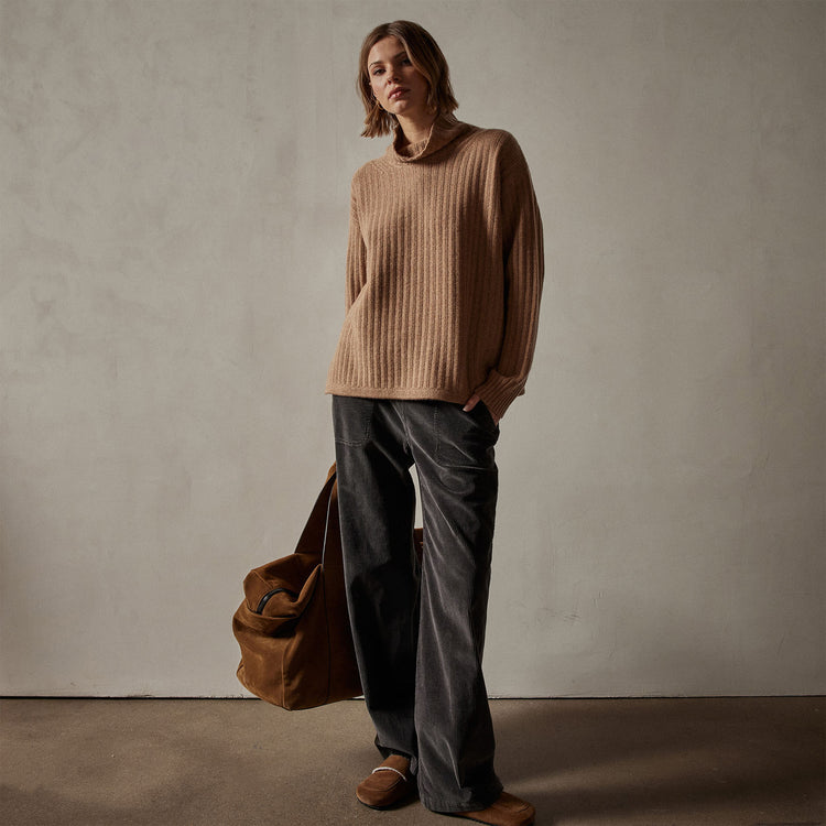 Ribbed Cashmere Funnel Neck in Caramel | James Perse Los Angeles