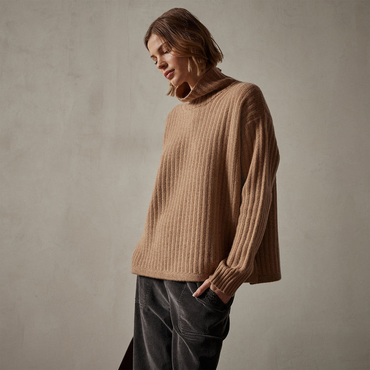 Ribbed Cashmere Funnel Neck in Caramel | James Perse Los Angeles