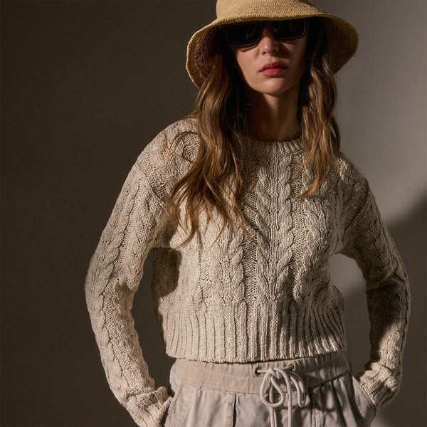 Cotton Linen Chunky Cable Knit Sweater - Natural